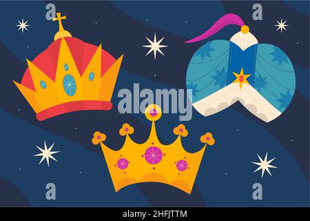 Flat reyes magos crowns set Vector illustration. Stock Vector