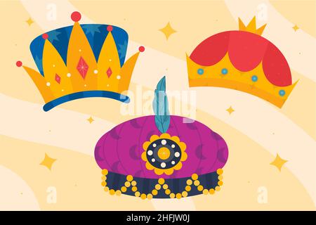 Flat reyes magos crowns set Vector illustration. Stock Vector