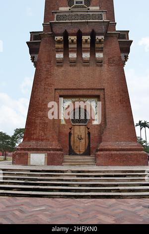 Close-up bottom view of Ghanta Ghar-Husainabad Clock Tower is located in the city of Lucknow. It was built in 1881 by Nawab Nasir-ud-Din Haider. Luckn Stock Photo