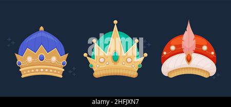 Flat reyes magos crowns set Vector illustration. Stock Vector
