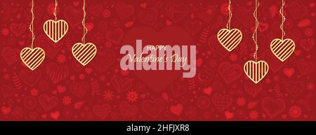 Happy Valentine's Day banner. Holiday background design with hand-drawn and golden shiny hearts. Horizontal poster, flyer, greeting card, web headers Stock Vector