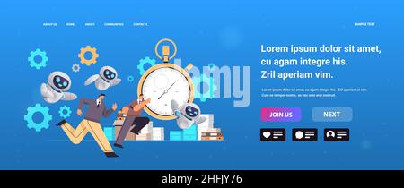 overworked businessmen and robots running in office with stopwatch hurry at work deadline time management artificial intelligence technology concept Stock Vector