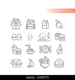Food, tasty food crate, ball of fruits. Cake, eggs, take away delivery outlined vector icon set. Stock Vector