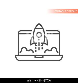 Rocket launch in laptop screen vector icon. Startup spaceship outlined symbol. Stock Vector