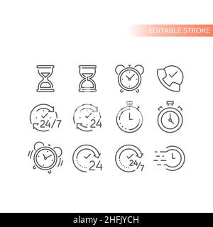 Clock outlined vector icon set. Stopwatch, alarm clock, hourglass and twenty four seven time icons. Stock Vector