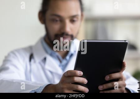 Close up focus on digital touchpad gadget. Stock Photo