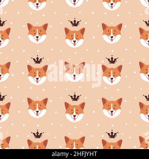 Corgi seamless pattern. Cute and happy welsh corgi faces with crowns and polka dot background. Funny dog characters. Stylish vector illustration. Stock Vector