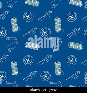 Monochrome seamless pattern of threads, buttons, needles and pins. A needle from a thread. Doodle style vector. Stock Vector