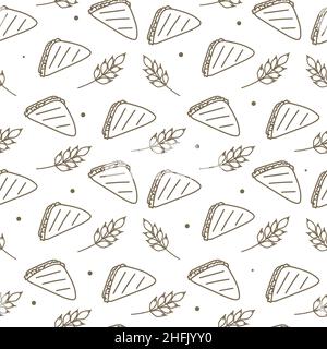 Seamless pattern on a white background. Bakery products. Sandwiches with spikelets of wheat. Hand drawing. In one line. Stock Vector