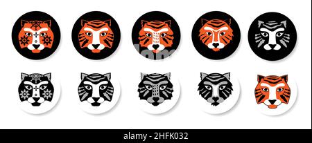 Isolated on white background emblems with tiger faces. Vector in flat style. Cute tigers on a white circle and on a black circle. Stock Vector