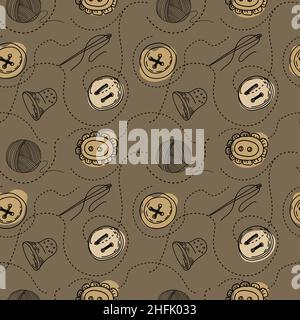 Seamless pattern. Buttons, threads and needles. Doodle style vector. Stock Vector