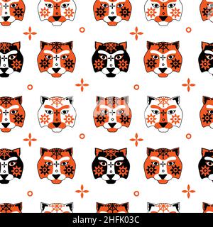 Pattern with tiger face, muzzles tiger with brown stripes, symbol of new 2022 year on red background. Vector illustration for postcard, banner, web, d Stock Vector