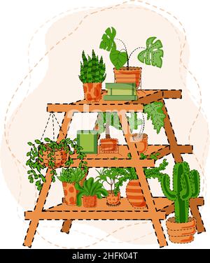 Houseplants on shelf. Flower in pot, potted houseplant and plant pots. Home plants on shelves. Garden decoration flower houseplants pots flat isolated Stock Vector