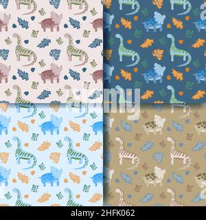 Seamless pattern on the background. Cute dinosaurs with tropical leaves. Jurassic reptiles. Suitable for baby textiles and packaging. Stock Vector