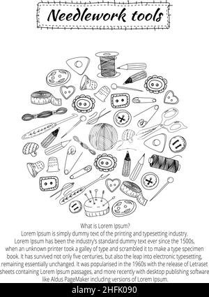 Vector template of flyer or banner with knitting tools and wool yarn in cartoon style. Printed material for design brochures, flyers, banners, cards a Stock Vector