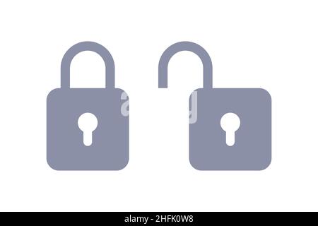 Lock and unlock icons vector illustration. Open and closed gray padlock security symbol with keyholes for button ui web design, simple pictogram of in Stock Vector