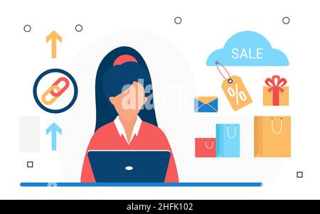 Department retail shopping electronic store products. Marketplace sale tag and purchasing promotional bags Stock Vector
