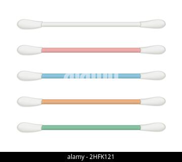Cotton swabs with absorbent wool buds on different color plastic flexible stick vector illustration. 3d realistic medical, makeup or hygienic tool, to Stock Vector