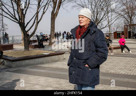 March 11, 2018-Seoul, South Korea-Jean Mari Le Clzio and his travel friends visit Namsan Mountain Park and Tower in Seoul, South Korea. Stock Photo