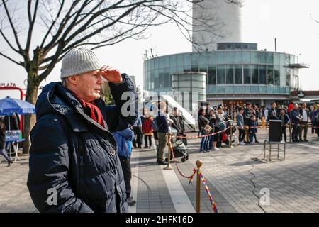 March 11, 2018-Seoul, South Korea-Jean Mari Le Clzio and his travel friends visit Namsan Mountain Park and Tower in Seoul, South Korea. Stock Photo