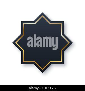 Eight point black star with gold frame on borders vector illustration. Islamic symbol of octagonal shape with glitter, symmetry and shadow, abstract g Stock Vector