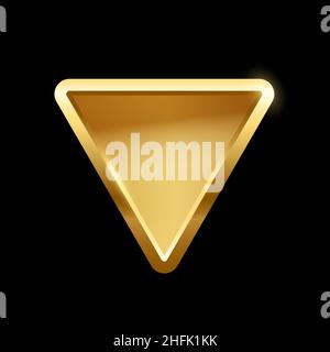 Gold triangle button with frame vector illustration. 3d golden glossy elegant design for empty emblem, medal or badge, shiny and gradient light effect Stock Vector