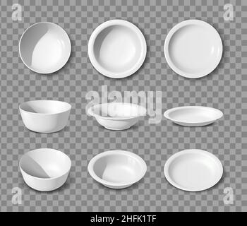 3d realistic vector collection. White porcelain set of dishes, plates and bowls in side, front and top view. Stock Vector