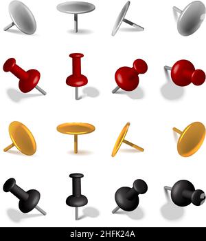 3d realistic vector icon collection. Paper pins in different shapes and colors. Isolated on white background. Stock Vector