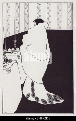 La Dame aux Cam&#xe9;lias, 1894. Woman standing at a dressing table, wearing a voluminous white coat over an evening dress with peacock feather motifs. The title refers to the 1852 novel by Alexandre Dumas fils, the tragic story of Marguerite Gautier, a courtesan who sacrificed herself for her lover. Marguerite is dying of consumption, the disease from which Beardsley himself died in 1898. 'From The Yellow Book, Vol. III'. Published in &quot;The Best of Beardsley&quot; edited by R. A. Walker, [The Bodley Head, London, 1948] Stock Photo