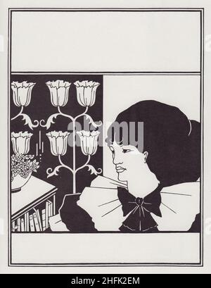 Cover Design for The Yellow Book, Vol II, 1894. A woman wearing a starched dress with bow, a bookcase, and a background of stylised tulips. From &quot;The Best of Beardsley&quot; edited by R. A. Walker, [The Bodley Head, London, 1948] Stock Photo