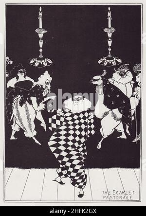 The Scarlet Pastorale, 1894. A masked ball, with a man dressed as Harlequin in the foreground, 'First published in The Sketch for 10 April 1895'. From &quot;The Best of Beardsley&quot; edited by R. A. Walker, [The Bodley Head, London, 1948] Stock Photo