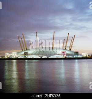 Millennium Dome, Drawdock Road, Greenwich, London, 10/02/1999. An exterior view of the Millennium Dome at dusk from the north, across the Thames. Stock Photo