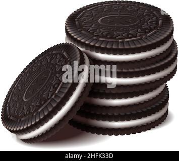 realistic vector icon. Falling chocolate cookies. Isolated on white background. Stock Vector