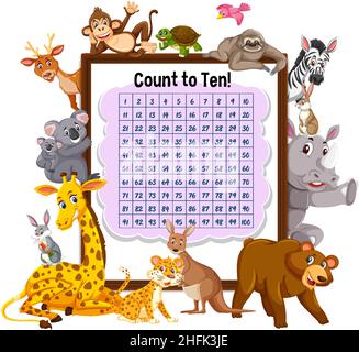 Counting number 1-100 board with wild animals illustration Stock Vector