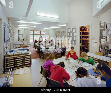 Harehills Primary School, Markham Avenue, Harehills, Leeds, 09/03/1989. Children working at tables in a classroom at Harehills Primary School, Leeds. Laing's Yorkshire Region division built three schools as a combined &#xa3;4m contract for Leeds City Council. Whitecote, Harehills and Whingate primary schools were all built between September 1987 and September 1988. All three were of traditional brick and block construction with hipped tiled roofs. The design followed the same template but Whingate was a mirror image of the other two. All of Laing's documents about the contract refer to Harehil Stock Photo