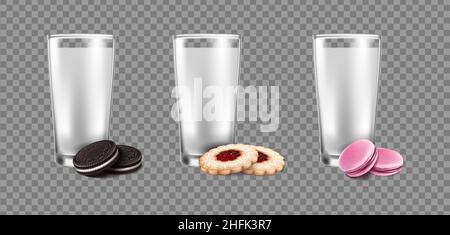 realistic vetor icon set. Glasses of milk with different types of cookies. Chocolated, linzer cookie, macaroon cookie. Stock Vector