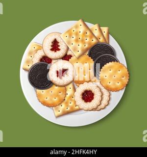 3d Vector realistic illustration. Different types of cookies on the plate. Crackers, chocolate cookies, linzer cookie. Stock Vector