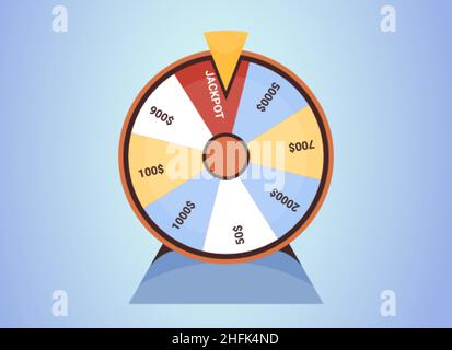 Colorful spinning fortune wheel. Lucky roulette in gambling game flat vector illustration on blue background. Gamble leisure or casino. Win money prize in lottery or hit jackpot concept. Stock Vector