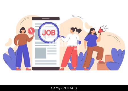 Flat employment hr agency looking for new employees to hire. Recruiting staff search candidates for interview. Hiring and online recruitment concept. Headhunters find resumes and offer vacancy job. Stock Vector