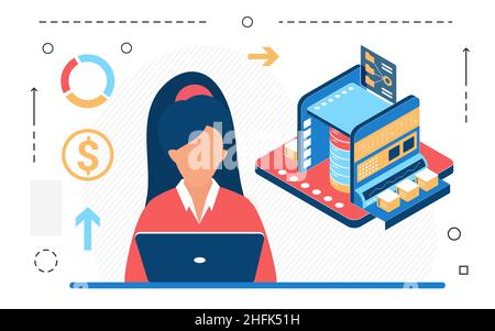 Isometric vector illustration of cartoon female miner working on laptop while creating bitcoins for crypto currency concept design Stock Vector