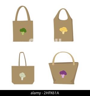 Eco friendly fabric bags with broccoli and cauliflower. Stock Vector