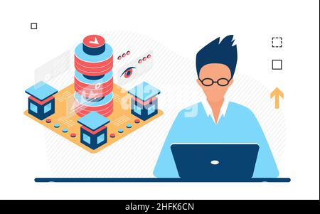 Database business server maintenance product by software engineer developer. Informational data security of commerce company Stock Vector