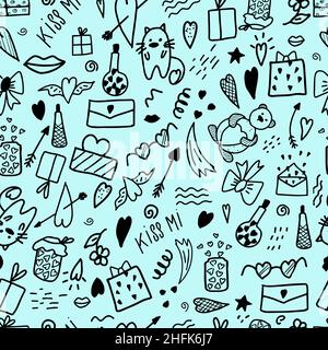 Seamless illustration with doodle elements for Valentine's Day on a blue background. Festive wrapping or wallpaper. Vector illustration on. Stock Vector