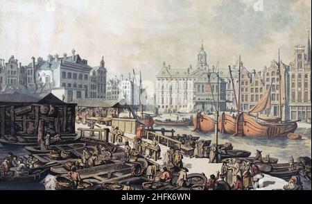 The fish market on Dam Square, Amsterdam, Netherlands in 1797.  From a print by John Henry Wright after a drawing by Thomas Rowlandson. Stock Photo