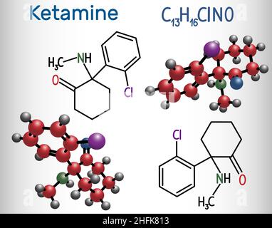 Ketamine molecule. It is used for anesthesia in medicine. Structural chemical formula and molecule model. Vector illustration Stock Vector
