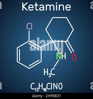 Ketamine molecule. It is used for anesthesia in medicine. Structural chemical formula and molecule model on the dark blue background. Vector illustrat Stock Vector