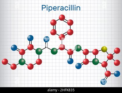 Piperacillin molecule. It is antibiotic drug. Sheet of paper in a cage. Structural chemical formula and molecule model. Vector illustration Stock Vector