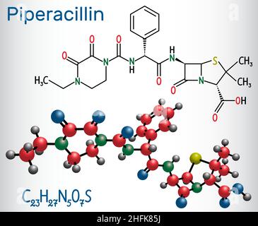 Piperacillin molecule. It is antibiotic drug. Structural chemical formula and molecule model. Vector illustration Stock Vector