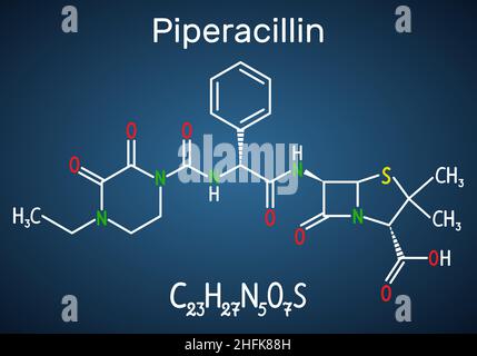 Piperacillin molecule. It is antibiotic drug. Structural chemical formula and molecule model on the dark blue background Stock Vector