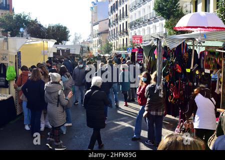 Madrid, Spain. January 16, 2022: El Rastro flea market in Madrid. This flea market is the largest in Europe and is held every sunday morning Stock Photo